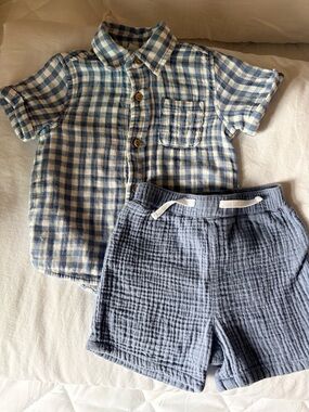 Little Me Blue and White Gingham Shirt with Blue Shorts Matching Set